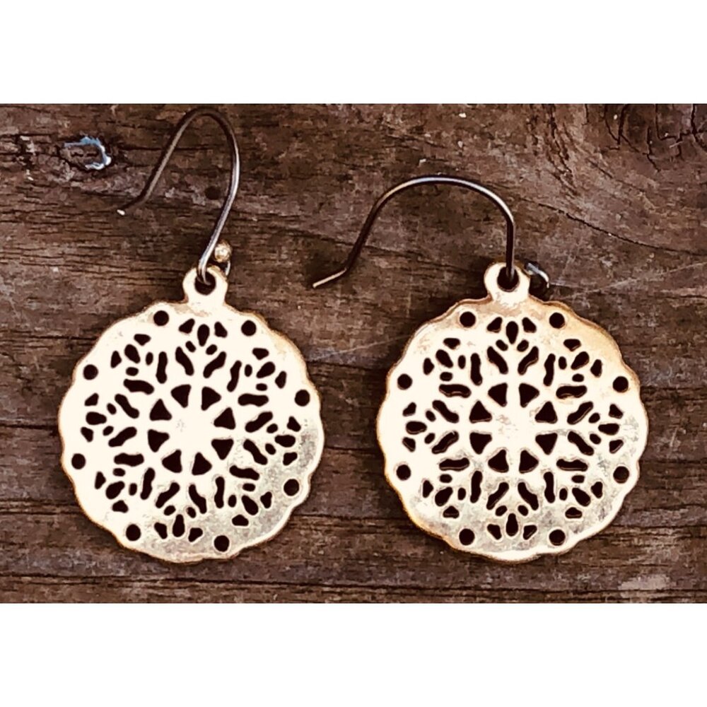 Gold Tone Openwork Filagree Mandala Drop Earrings - Picture 2 of 2